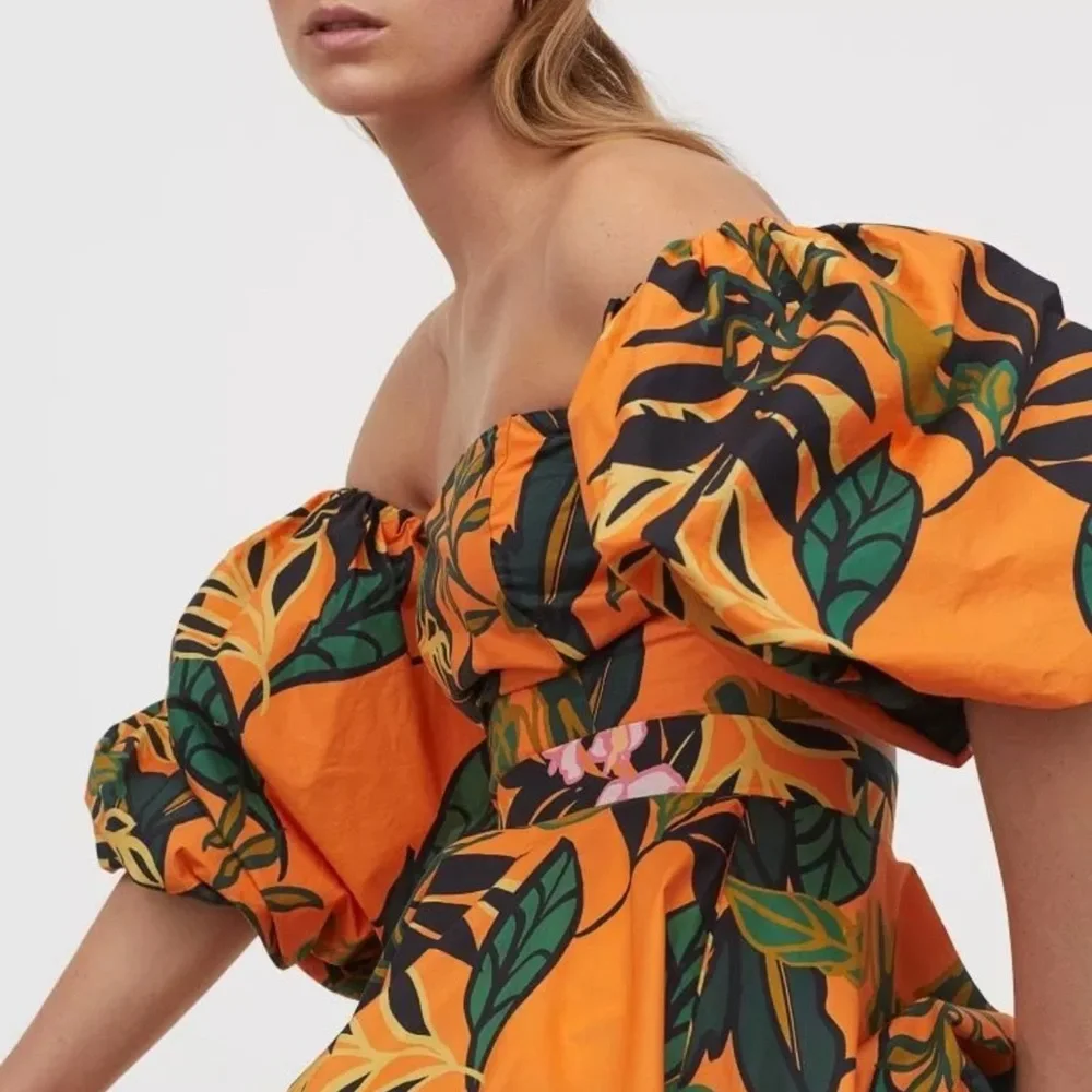 RARE SKIRT SET BLOGGER FAVORITE H&M Orange flare puff sleeve tropical crop XS M - Picture 3 of 11